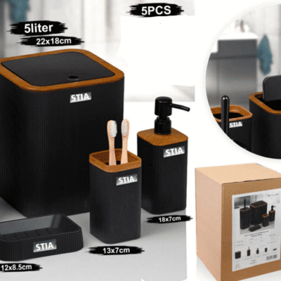 סט שרותים ואמבטיה תואם 5 חלקים – כולל פח ומברשת אסלה – שחור