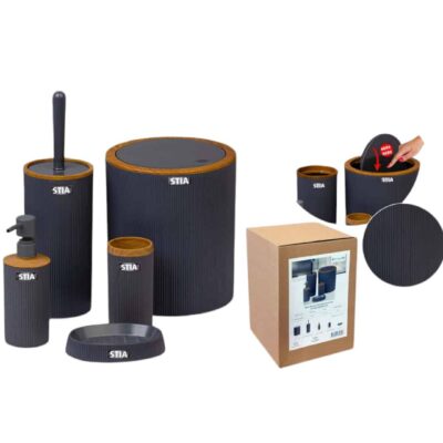 סט שרותים ואמבטיה תואם 5 חלקים – כולל פח ומברשת אסלה – אפור