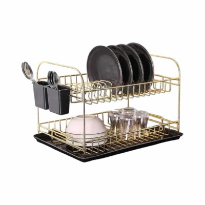 מייבש כלים אלומיניום דו קומתי איכותי במיוחד בגוון זהב משולב מגש שחור